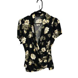Tahari Womens Top Black Floral Drape Neck Short Sleeve Size L NWT Career Chic